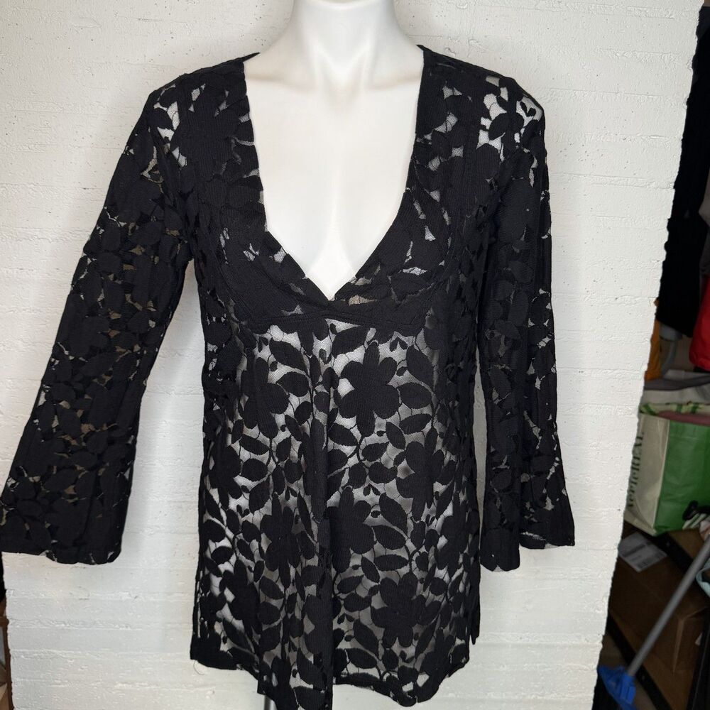 Lace Long-Sleeve Deep-V Tunic M Whimsigoth Fairygoth Witchy Boho-Chic Romantic - Picture 3 of 5